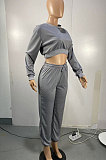 Gray Women Trendy Casual Solid Color Crop Bodycon Pants Sets AMW8336-1