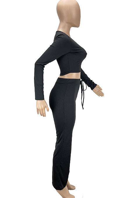 White Women Solid Color Long Sleeve Bodycon Tops Casual Flare Leg Pants Sets KXL856-2