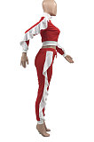 Red White Edge Women Flounce Stand Collar Zipper Long Sleeve Pants Sets KXL858-4