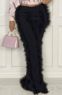 Black Women Autumn Winter Corduroy Rough Selvedge Mid Waist Solid Color Flare Leg Pants MLM9078-1