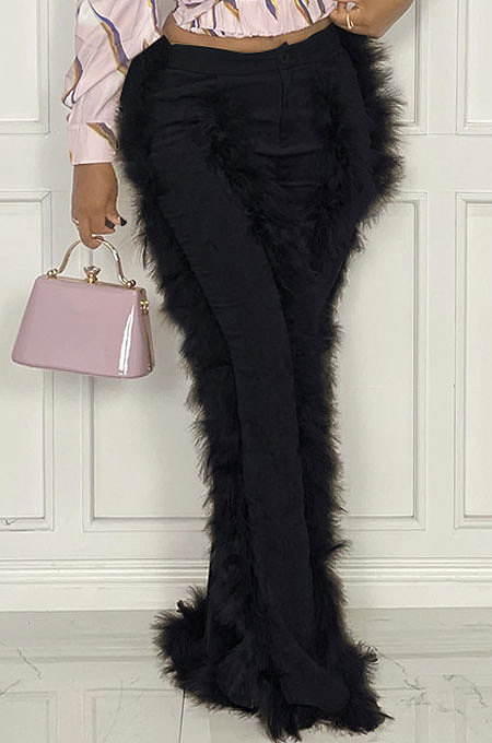 Black Women Autumn Winter Corduroy Rough Selvedge Mid Waist Solid Color Flare Leg Pants MLM9078-1