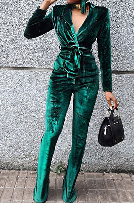 Green Wholesale Velvet Long Sleeve Lapel Neck Suits Coat Flare Pants Sets TRS1182-3