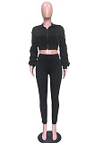 Cream Autumn Winter Casual Ruffle Sleeve Zip Front Coat Pencil Pants Sport Sets ORY5064-2