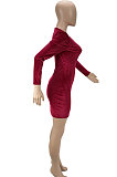 Dark Green Women Pure Color Ribber Velvet Sexy Round Collar Mid Waist Long Sleeve Mini Dress KXL860-4