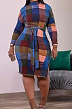 Black Newest Plaid Print Long Sleeve High Neck Slim Fitting With Beltband  Slit Dress TK6147-2