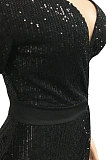 Red Women Sexy Sequins Pure Color Irregular Single Sleeve Split Skirts Sets XZ5307-2