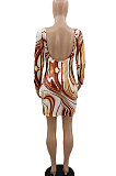 Orange Yellow Euramerican Women Autumn Winter Trendy Long Sleeve Backless Round Collar Mid Waist Mini Dress GB8033-1
