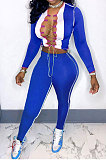 Rose Contrast Color Spliced Long Sleeve Bandage Hollow Out Tops Pencil Pants Sets MN8382-1