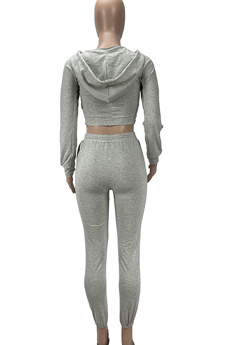 Black Euramerican Women Pure Color Fleece Hooded Long Sleeve Pants Sets KXL857-2