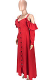 Black Cute Preppy New Ruffle Long Sleeve Off Shoulder V Neck Buttoned Front Collect Waist Swing Long Dress SM9205-2