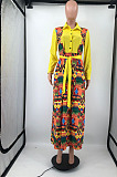 Pink Newest Print Long Sleeve Lepal Neck Single-Breasted With Beltband Swing Shirt Dress DMM8183-5