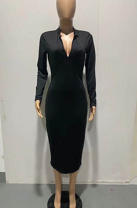 Black Women Pure Color Zipper Deep V Collar Long Sleeve Mid Waist Tight Sexy Midi Dress AMW8338-1
