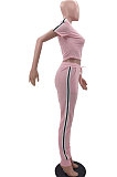 White Cotton Blend  Side Strip Short Sleeve Round Neck T-Shirt Long Pants Sets TK6188-1