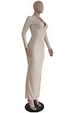 Black Ribber Sexy Long Sleeve V Neck Backless Slim Fitting Solid Color Slit Maxi Dress TRS1176-1