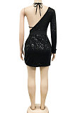 Apricot Women Sexy Sequins Pure Color Irregular Single Sleeve Split Skirts Sets XZ5307-3