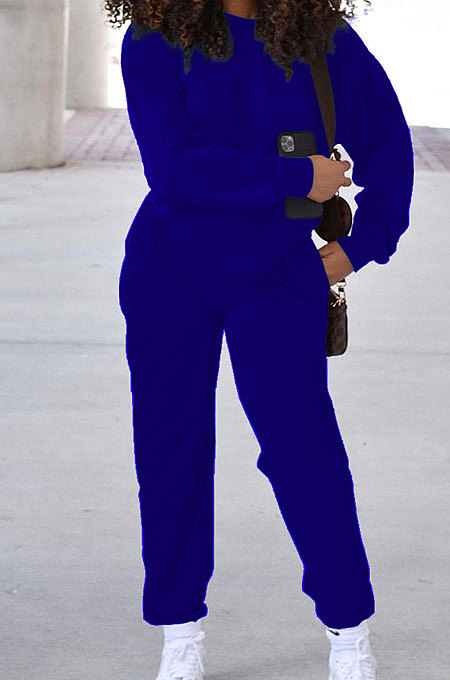 Royal Blue Simple Sport Loose Long Sleeve Round Neck Pocket Jumper Long Pants Solid Color Sets SM9206-1