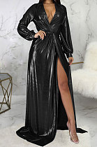 Black Club Hot Starmping Long Sleeve V Collar Slim Fitting Sexy Slit Swing Long Dress SMR10194-2