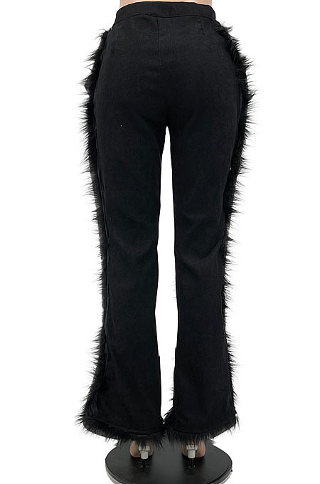 Black Women Autumn Winter Corduroy Rough Selvedge Mid Waist Solid Color Flare Leg Pants MLM9078-1
