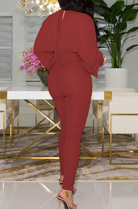 Black Newest Batwing Sleeve V Neck Ruffle Collect Waist Solid Color Bodycon Jumpsuits WY6841-3
