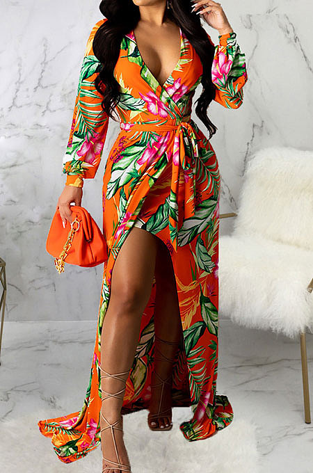 Orange Sexy Luxe Digital Print Long Sleeve V Neck Collect Waist Slit Maxi Dress SMR10476-1
