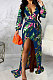 Drak Blue Sexy Luxe Digital Print Long Sleeve V Neck Collect Waist Slit Maxi Dress SMR10476-2