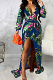 Orange Sexy Luxe Digital Print Long Sleeve V Neck Collect Waist Slit Maxi Dress SMR10476-1