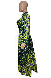 Green Fashion Luxe Print Long Sleeve Hollow Out Zip Back Collect Waist Slit Dress SZS8171-1