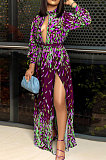Green Fashion Luxe Print Long Sleeve Hollow Out Zip Back Collect Waist Slit Dress SZS8171-1