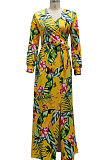 Red Sexy Luxe Digital Print Long Sleeve V Neck Collect Waist Slit Maxi Dress SMR10476-4