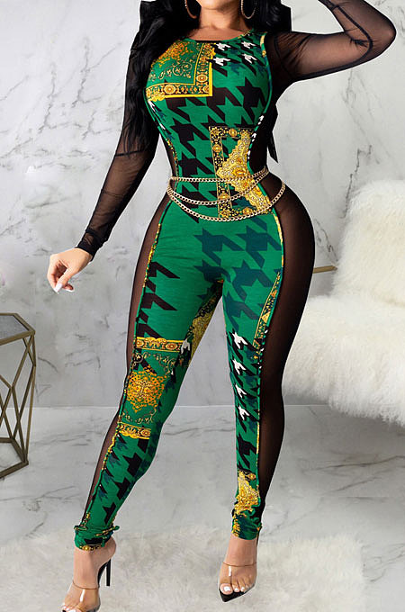 Blue Yellow Sexy Club Print Mesh Spliced Long Sleeve Round Neck Elastic Bodycon Jumpsuits SMR10450-2