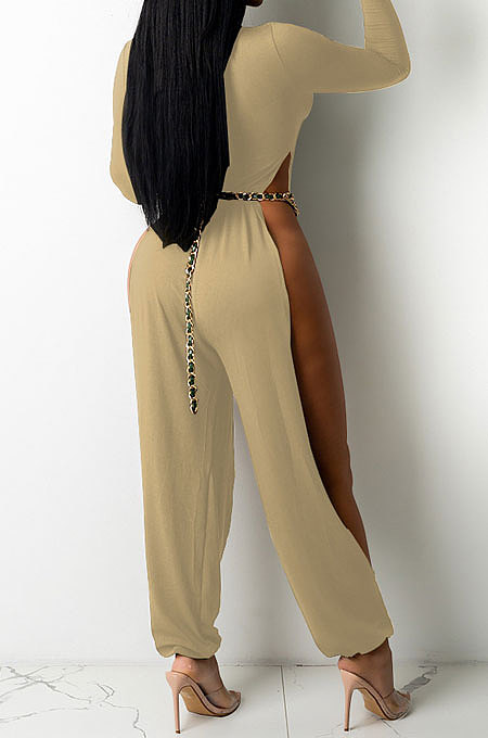 Army Green Cotton Blend Club Long Sleeve Round Neck Elastic  Hollow Out Solid Color Jumpsuits YYF8248-5