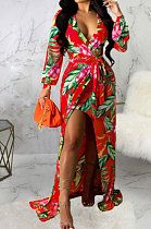 Red Sexy Luxe Digital Print Long Sleeve V Neck Collect Waist Slit Maxi Dress SMR10476-4