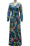 Red Sexy Luxe Digital Print Long Sleeve V Neck Collect Waist Slit Maxi Dress SMR10476-4