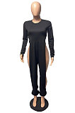 Army Green Cotton Blend Club Long Sleeve Round Neck Elastic  Hollow Out Solid Color Jumpsuits YYF8248-5