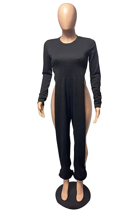 Army Green Cotton Blend Club Long Sleeve Round Neck Elastic  Hollow Out Solid Color Jumpsuits YYF8248-5