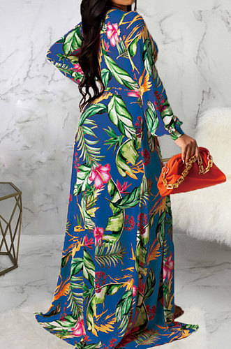 Drak Blue Sexy Luxe Digital Print Long Sleeve V Neck Collect Waist Slit Maxi Dress SMR10476-2