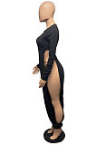 Army Green Cotton Blend Club Long Sleeve Round Neck Elastic  Hollow Out Solid Color Jumpsuits YYF8248-5