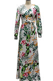 Red Sexy Luxe Digital Print Long Sleeve V Neck Collect Waist Slit Maxi Dress SMR10476-4