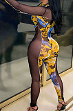 Green Sexy Club Print Mesh Spliced Long Sleeve Round Neck Elastic Bodycon Jumpsuits SMR10450-1