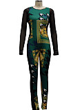 Blue Yellow Sexy Club Print Mesh Spliced Long Sleeve Round Neck Elastic Bodycon Jumpsuits SMR10450-2