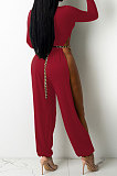 White Cotton Blend Club Long Sleeve Round Neck Elastic  Hollow Out Solid Color Jumpsuits YYF8248-1