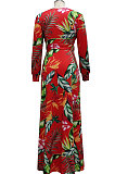 Orange Sexy Luxe Digital Print Long Sleeve V Neck Collect Waist Slit Maxi Dress SMR10476-1