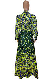 Green Fashion Luxe Print Long Sleeve Hollow Out Zip Back Collect Waist Slit Dress SZS8171-1
