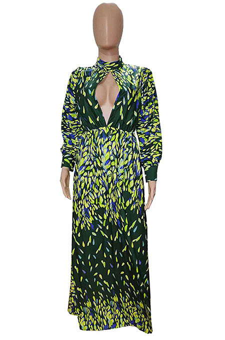 Purple Fashion Luxe Print Long Sleeve Hollow Out Zip Back Collect Waist Slit Dress SZS8171-3