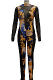 Blue Yellow Sexy Club Print Mesh Spliced Long Sleeve Round Neck Elastic Bodycon Jumpsuits SMR10450-2