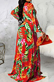 Orange Sexy Luxe Digital Print Long Sleeve V Neck Collect Waist Slit Maxi Dress SMR10476-1