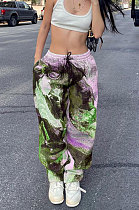 Neon Green Modest Positioning Print Drawsting Loose Cargo Pants SZS8180-1