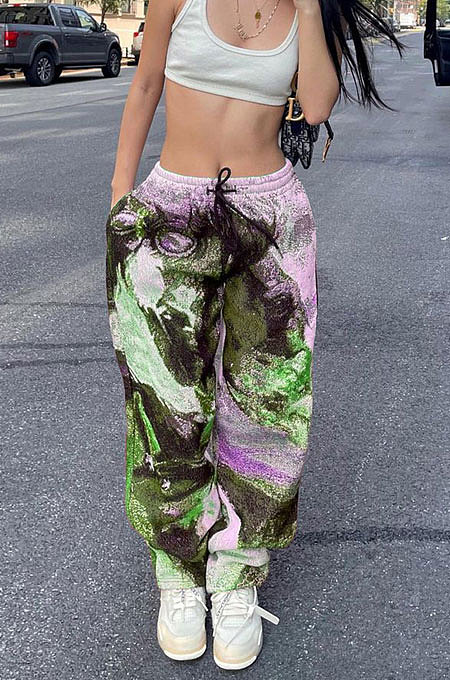 Neon Green Modest Positioning Print Drawsting Loose Cargo Pants SZS8180-1