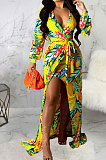 Red Sexy Luxe Digital Print Long Sleeve V Neck Collect Waist Slit Maxi Dress SMR10476-4