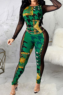Green Sexy Club Print Mesh Spliced Long Sleeve Round Neck Elastic Bodycon Jumpsuits SMR10450-1